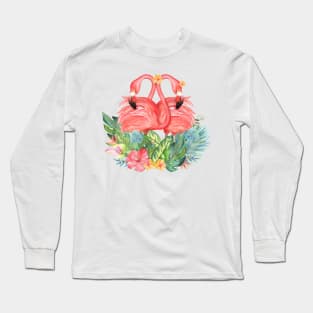 Love Birds Flamingos | Tropical Art Long Sleeve T-Shirt